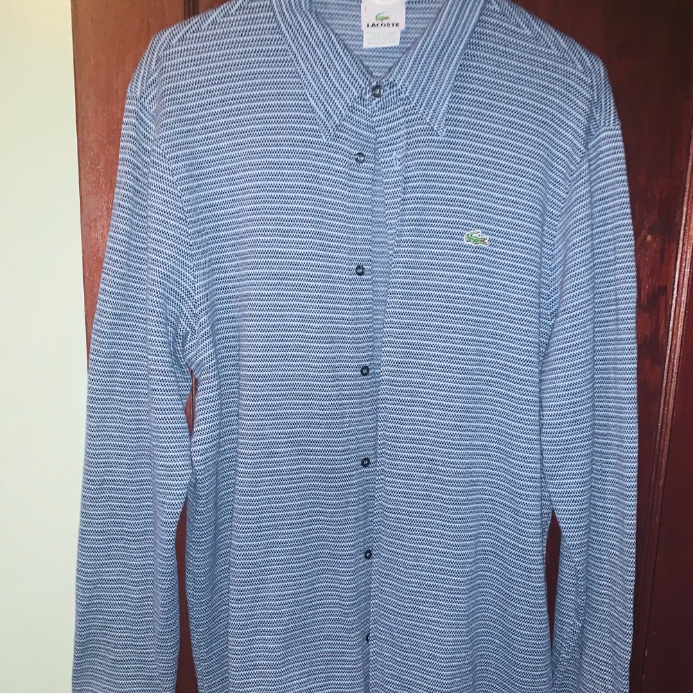 Men's Large Lacoste Blue Herringbone Button Down